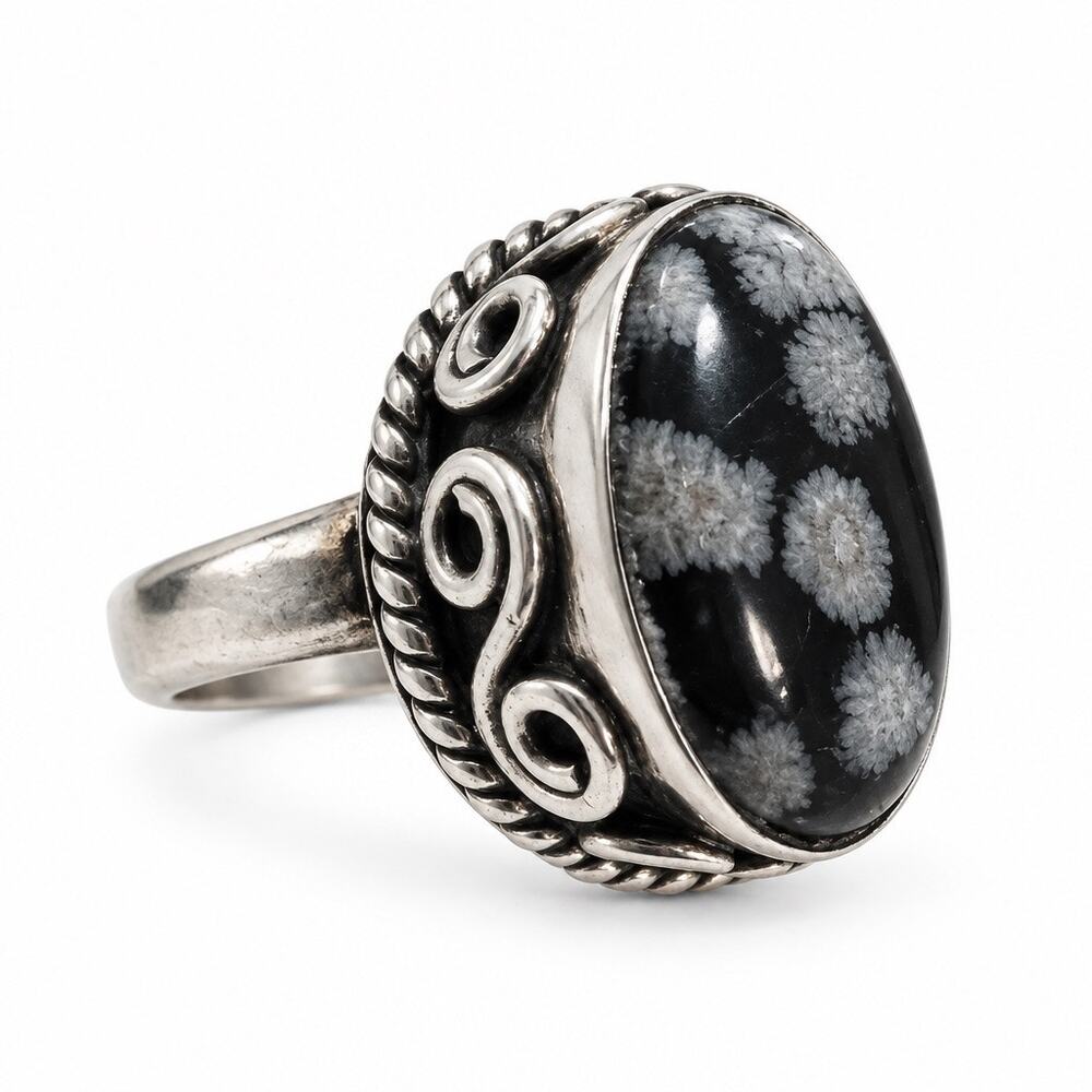 Snowflake Obsidian Sterling Silver Ring Size 7.5 Boho For Her